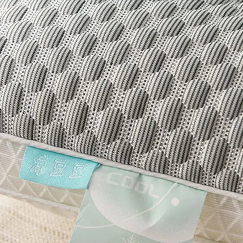 Gray mesh pillow cover with textured breathable pattern and light blue tags for decorbites ice rayon cooling pillow