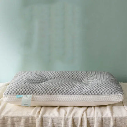 Gray honeycomb textured memory foam cooling pillow with white stitched border and light blue decorbites ice rayon tag