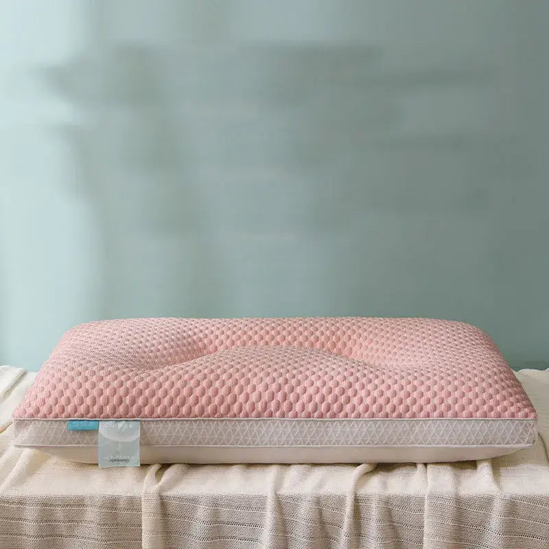 Pink textured memory foam cooling pillow with geometric pattern base featuring decorbites ice rayon fabric for bedroom use