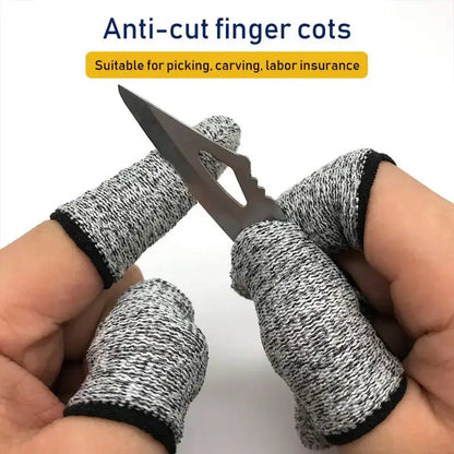 Gray and black knitted anti-cut finger protector sleeves with reinforced trim for safe kitchen tasks like picking or carving