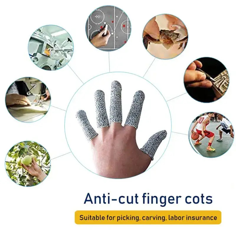 Gray and black knitted anti-cut finger protector sleeves designed for kitchen tasks like carving and handling sharp objects