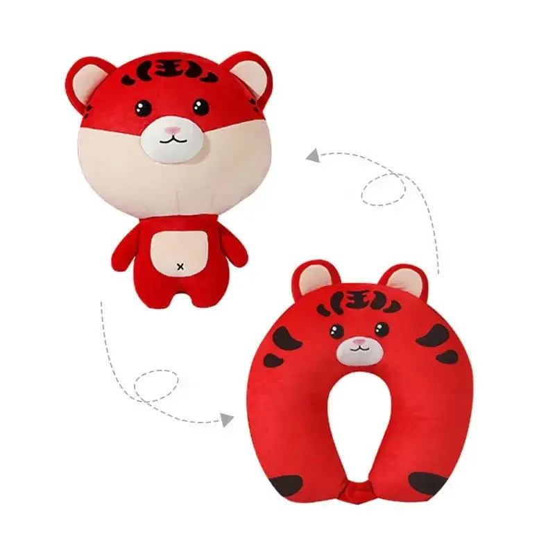 Red plush tiger-shaped neck pillow with black stripes and white face for decorbites cute plush animal bedroom travel use