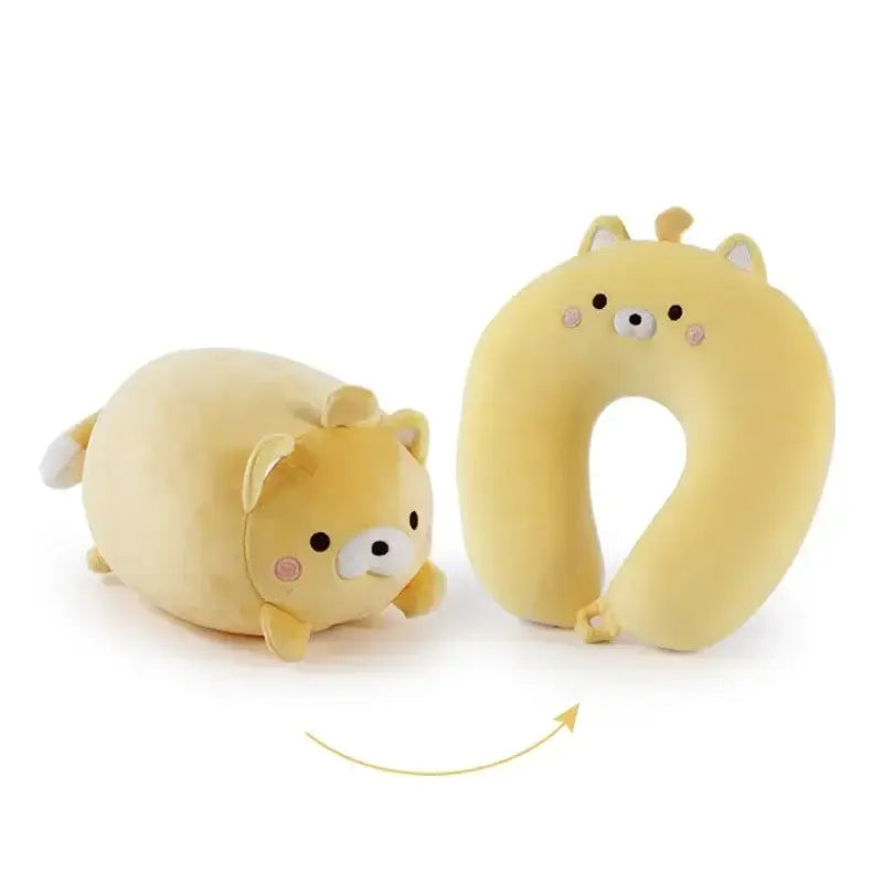Yellow plush dog-shaped neck pillow and cute plush animal with soft fabric for travel comfort by decorbites cute plush