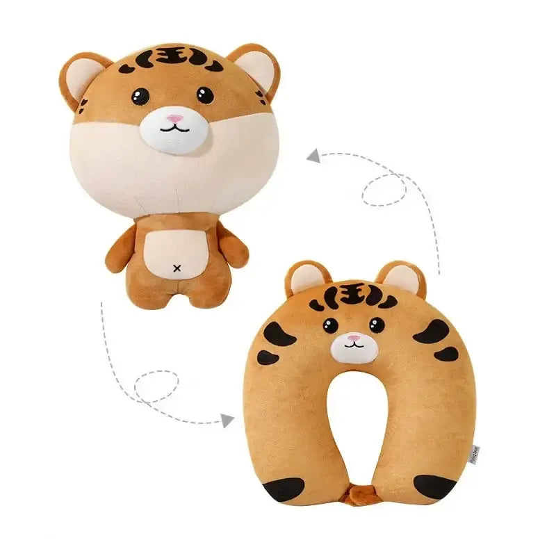 Cute plush animal neck pillow and matching stuffed toy in tan and black tiger design for decorbites cute plush collection