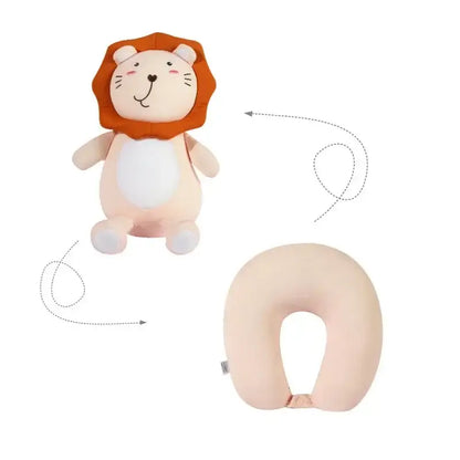Beige lion cute plush animal with soft orange mane and white belly transforms into neck pillow for travel decorbites