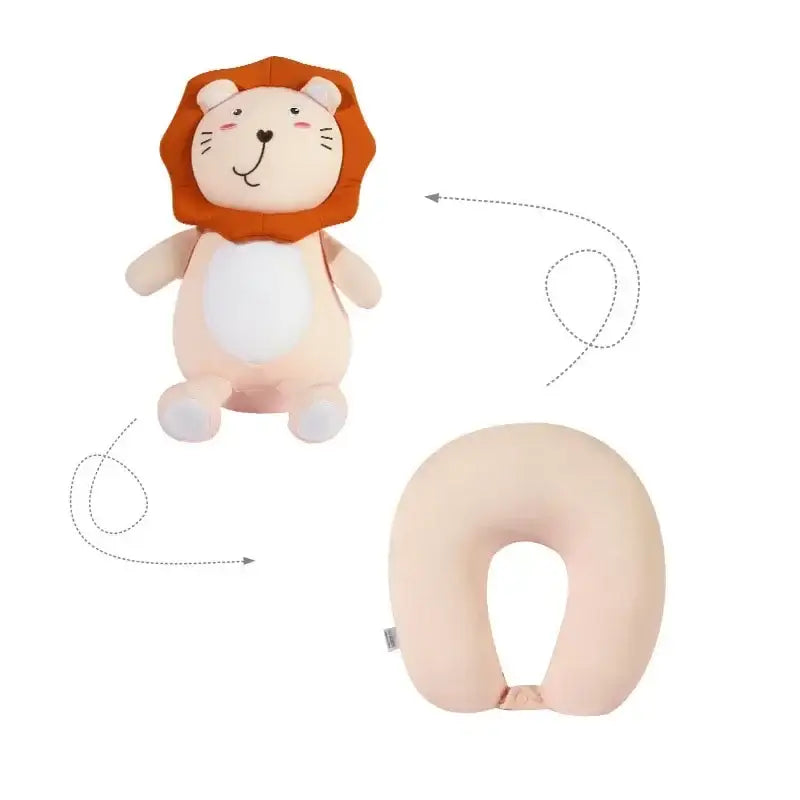 Beige lion cute plush animal with soft orange mane and white belly transforms into neck pillow for travel decorbites