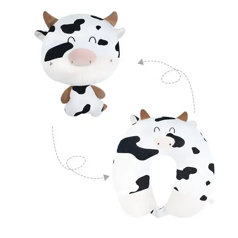 Adorable black and white spotted cow-themed decorbites cute plush neck pillow with brown horns for travel and bedroom use
