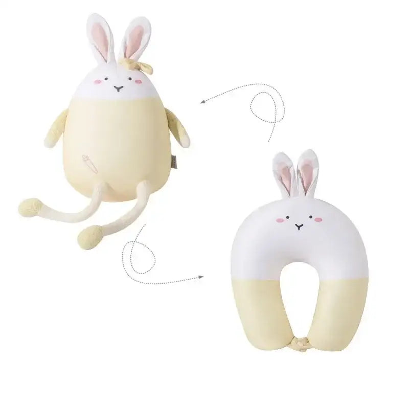 Cute plush animal neck pillow shaped like a cream and white bunny with soft plush material for travel use