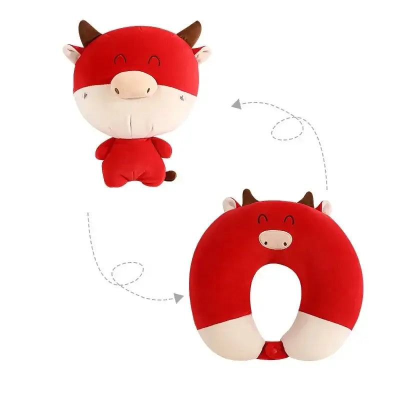 Red and white plush cow-shaped neck pillow with brown horns from decorbites cute plush animal collection for travel use