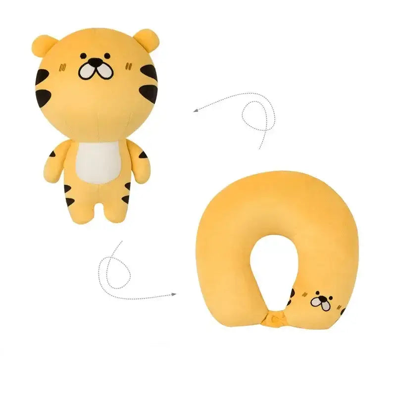 Yellow plush tiger-shaped neck pillow with black stripes and white belly from decorbites cute plush animal collection for travel use