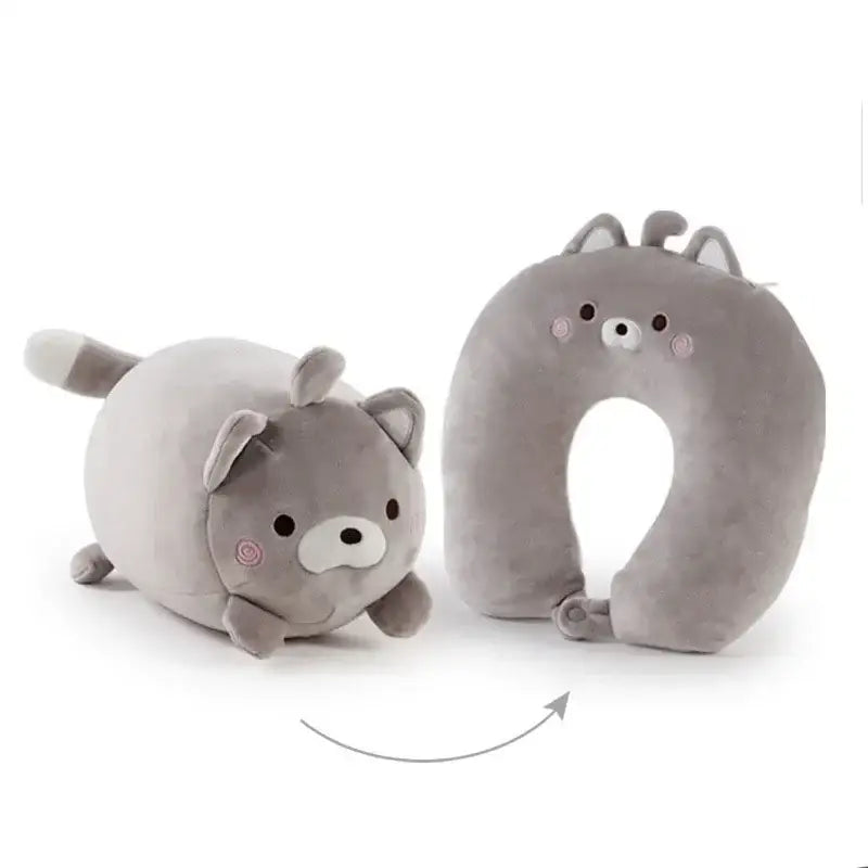 Gray plush cat neck pillow with soft fabric and embroidered features from decorbites cute plush animal collection for travel