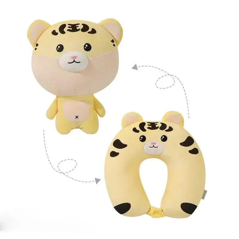 Yellow plush tiger-shaped neck pillow with black spots and cute face from decorbites cute plush animal travel series