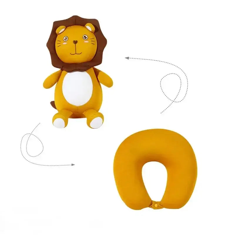 Yellow lion cute plush animal neck pillow with brown mane and white belly for travel and decorbites cute plush decor