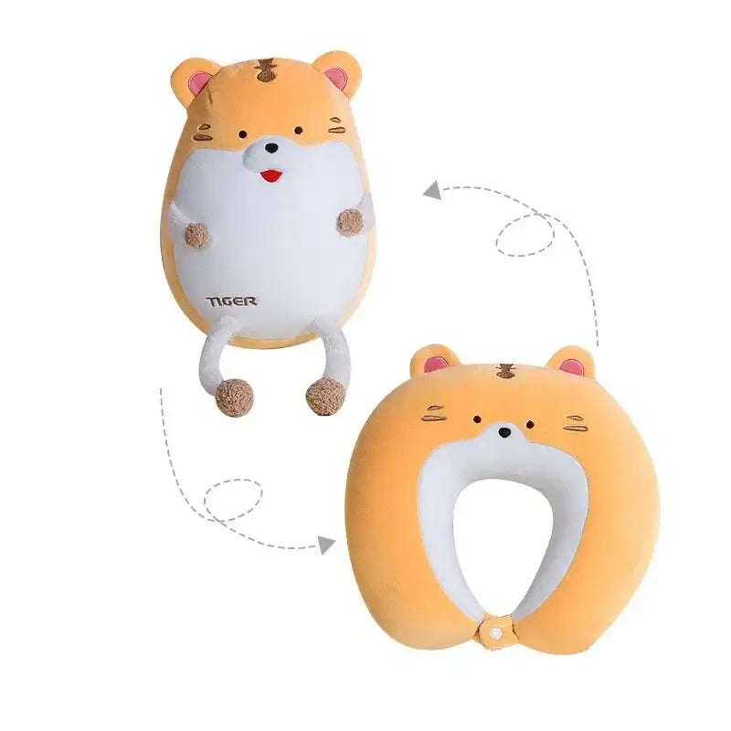 Adorable orange and white plush tiger-shaped neck pillow with soft fabric from decorbites cute plush animal collection for travel