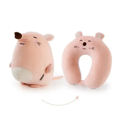 Pink plush mouse-shaped travel neck pillow with soft fabric and embroidered features for decorbites cute plush animal use