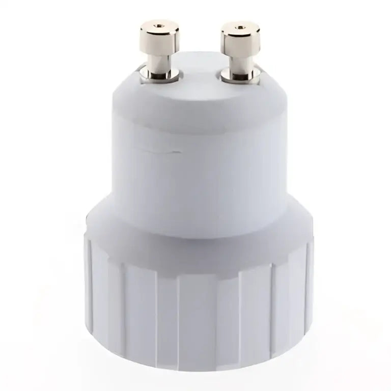 White plastic gu10 light bulb base with two metallic pins shown on the back side of gray and copper e14 adapter splitter decorbites product