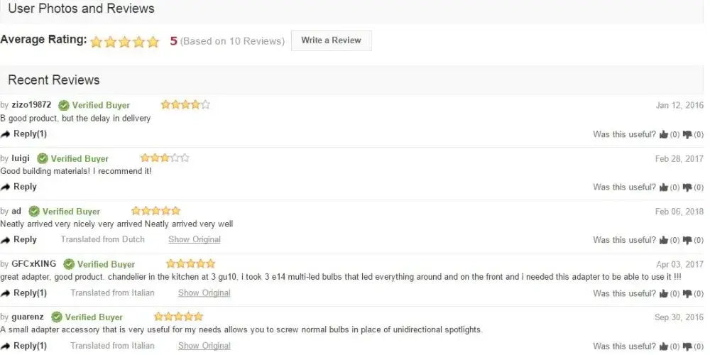 Product review page for gray and copper decorbites gu10 e14 adapter splitter showing verified buyer ratings and comments