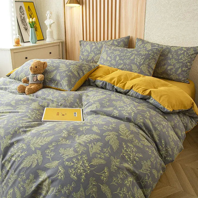 Gray and mustard floral bedding set with green leaf print and soft textured fabric for bedroom decor