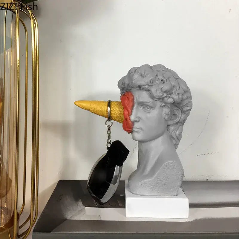 Gray and teal resin david statue decorbites ice cream sculpture with yellow waffle cone and red frosting for living room decor