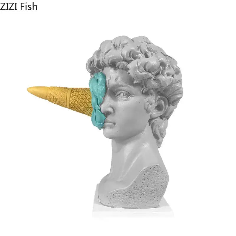 Gray and teal ice cream david statue resin bust decorbites ice cream sculpture with waffle cone nose for living room decor
