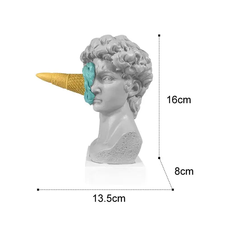 Gray resin david statue bust with curly hair featuring whimsical yellow cone and teal ice cream scoop decorbites ice cream decor