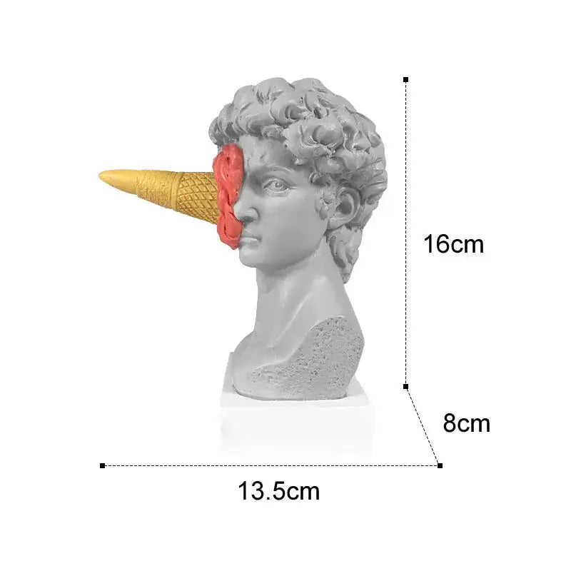 Gray and teal resin david statue decorbites ice cream sculpture with golden cone and red strawberry swirl face accents