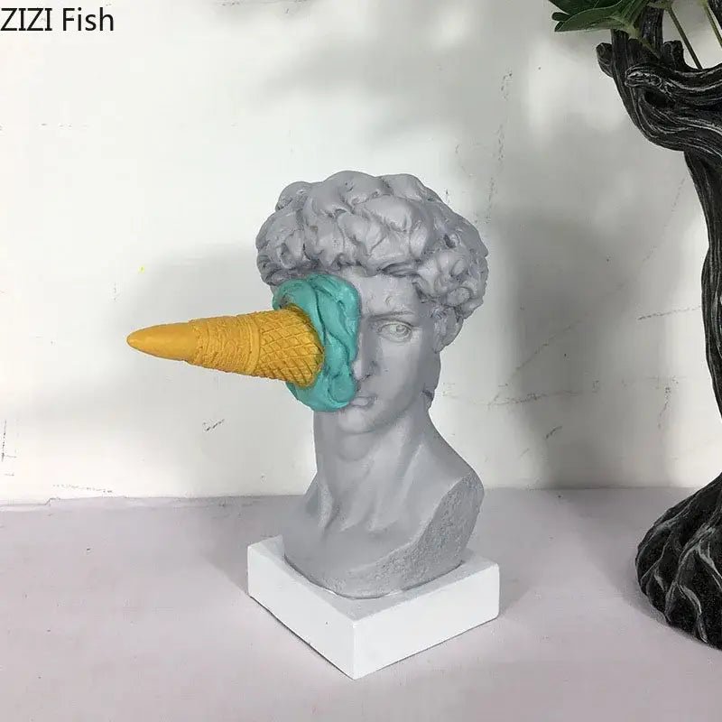 Gray and teal ice cream david statue resin sculpture featuring a yellow waffle cone for unique living room decorbites decor
