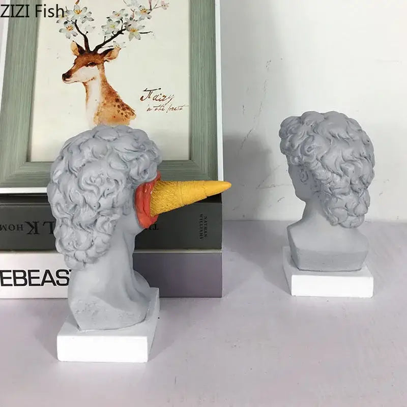 Gray and teal ice cream david statue resin bust with curly hair and yellow cone-shaped nose for decorbites ice cream decor