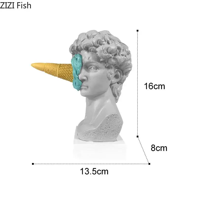 Gray resin david statue bust with curly hair featuring yellow and teal ice cream scoop decorbites ice cream sculpture