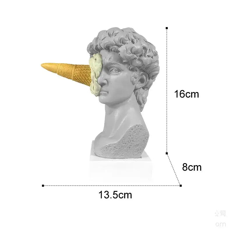 Gray and teal ice cream david statue resin sculpture featuring a gray bust with golden waffle cone ice cream decorbites design
