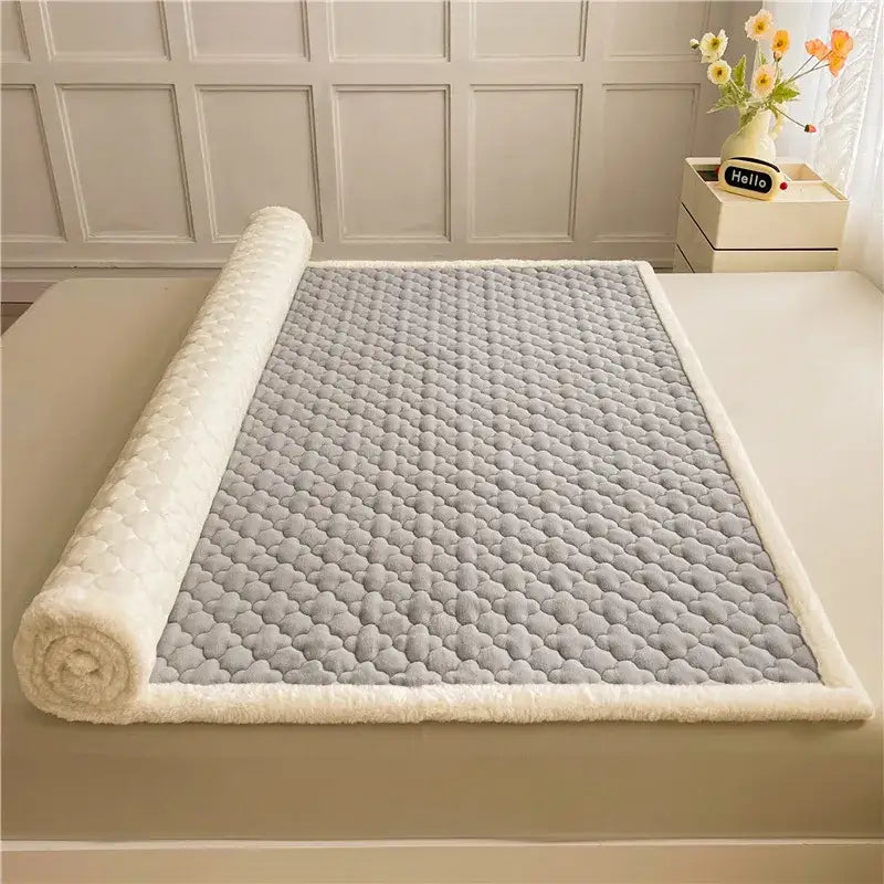 Gray and white antibacterial milk velvet mattress blanket with quilted texture and soft fluffy border for bedroom decorbites antibacterial milk