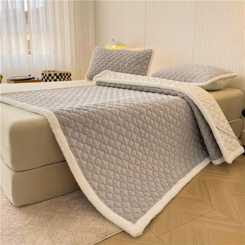 Gray and white antibacterial milk velvet mattress quilted blanket with plush white fleece border for bedroom decorbites antibacterial milk velvet