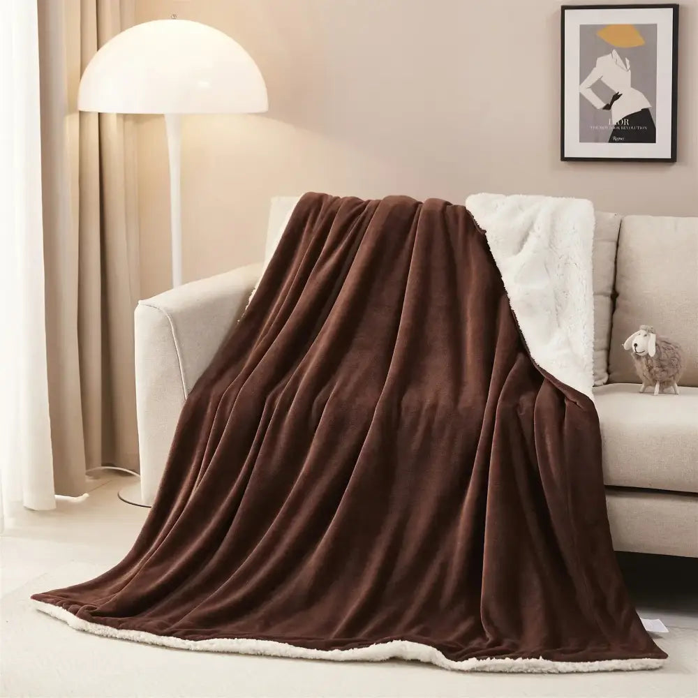 Brown plush throw blanket with soft white sherpa lining reversible with gray and white sherpa twin blanket