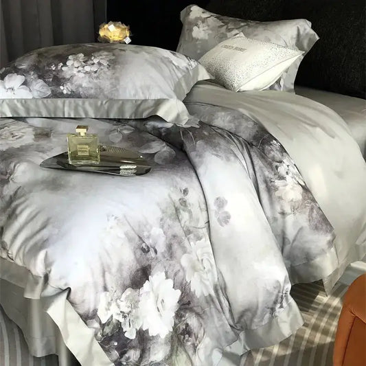 Gray and white floral patterned satin bedding set with ruffled edges featuring decorbites flowers pattern brushed design