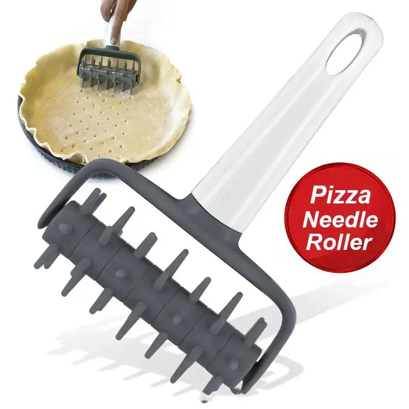 Black and white silicone pastry wheel dough roller with handle for making evenly spaced perforations in pie crusts