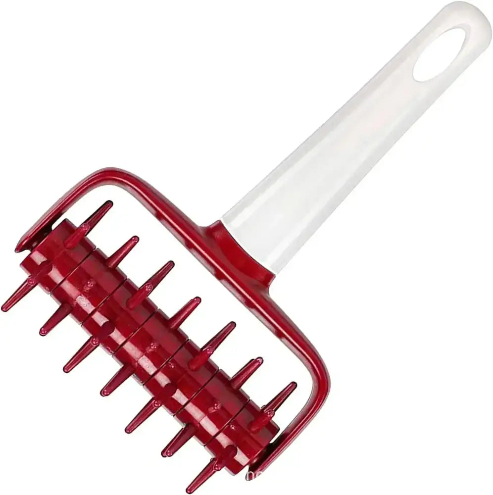 Red plastic pastry wheel with clear handle and pointed spikes for precise dough roller pastry use by decorbites dough roller
