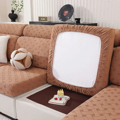 Brown woven fabric sofa cover with white central panel for living room elastic gray and white slipcover