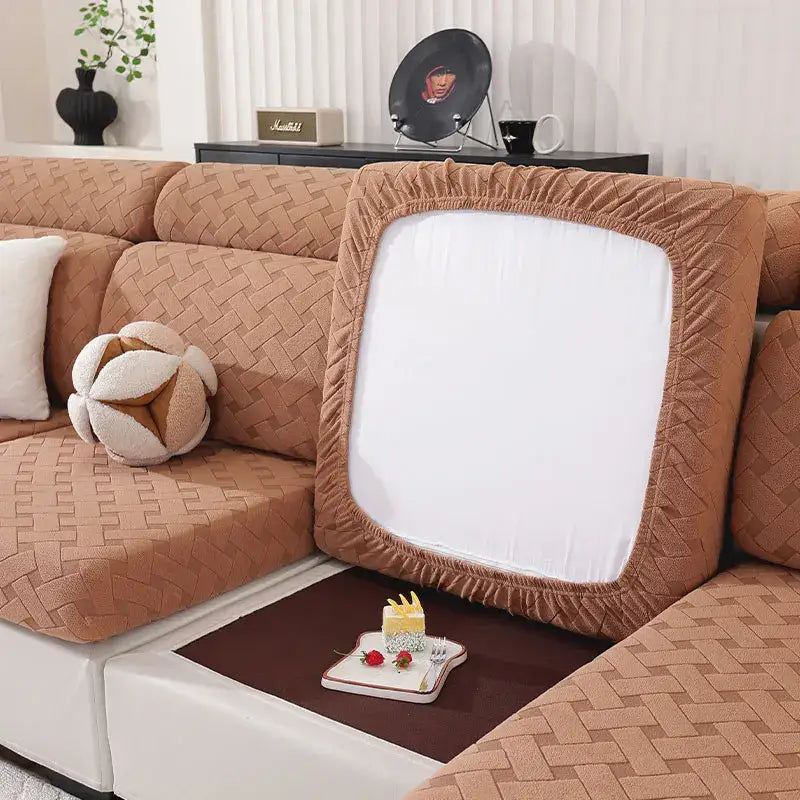 Brown woven fabric sofa cover with white central panel for living room elastic gray and white slipcover