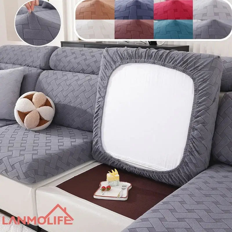 Gray and white woven elastic sofa slipcover with elastic edge and white center panel for living room sofa