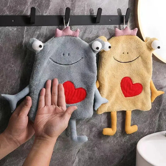 Gray and yellow plush hand towel with frog design featuring pink crowns red hearts and embroidered facial decorbites frog design
