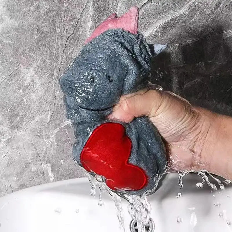 Plush dark gray dinosaur hand towel with red heart patch and pink ears decorbites frog design bathroom decor