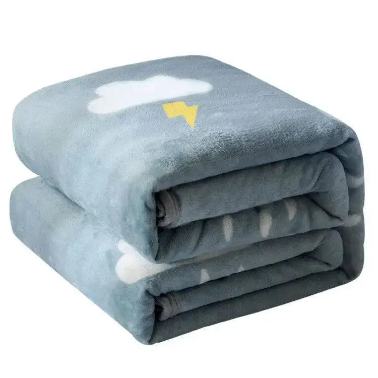 A soft light blue plush fleece blanket with white cloud and yellow lightning bolt decorbites fruit love heart sofa design