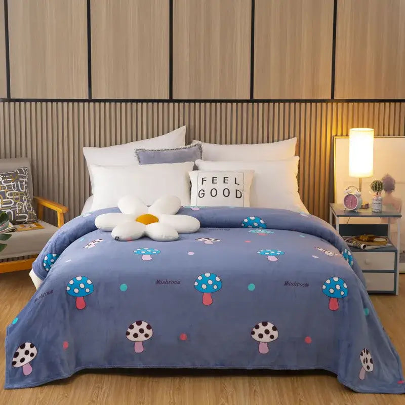 Blue plush fleece blanket with cartoon mushrooms and polka dots for decorbites fruit love heart sofa decor
