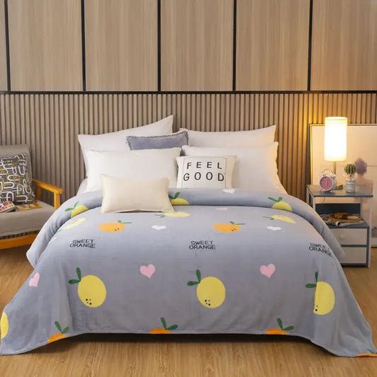 Gray fleece love heart sofa blanket with yellow lemons pink hearts and sweet orange text for decorbites fruit love decor