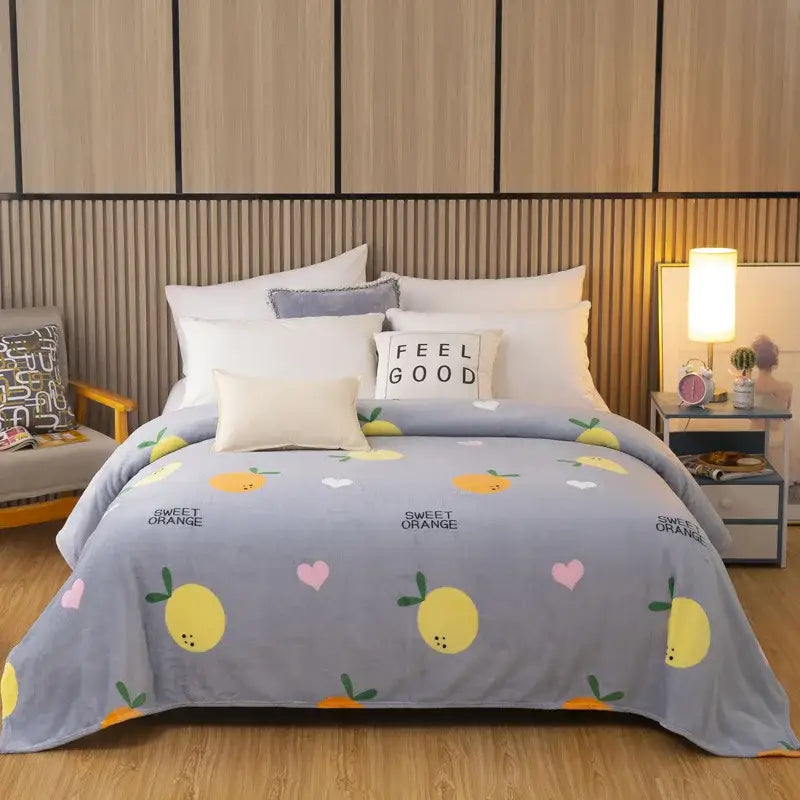 Gray fleece love heart sofa blanket with yellow lemons pink hearts and sweet orange text for decorbites fruit love decor