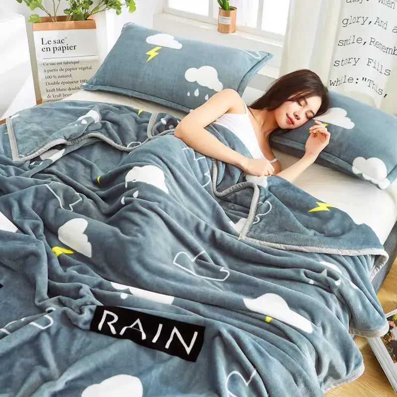 Soft blue plush fleece blanket with cloud and lightning patterns and black rain patch for fruit love heart sofa decorbites