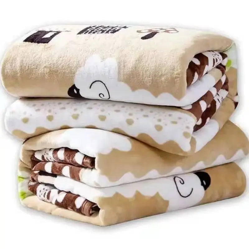 Stack of four beige and brown plush fleece blankets with cartoon sheep designs for decorbites fruit love heart sofa decor