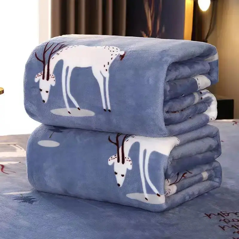 Blue fleece plush blanket with white deer design folded neatly for bedroom decorbites fruit love heart sofa use