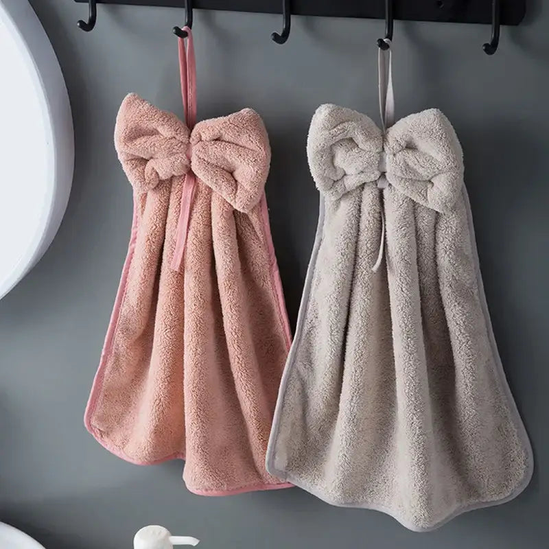 Pink and beige decorbites bowknot coral velvet hand towels with fluffy bow ties for kitchen cleaning use