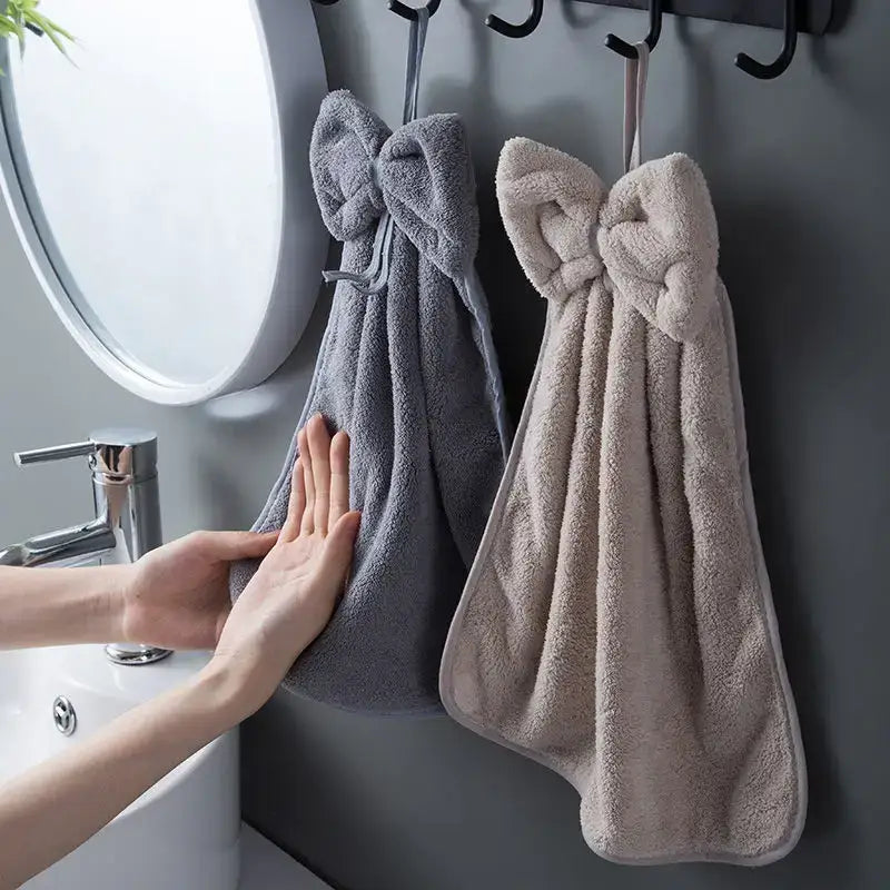 Gray and beige bowknot coral velvet hand towels hanging from hooks for kitchen cleaning by decorbites bowknot coral